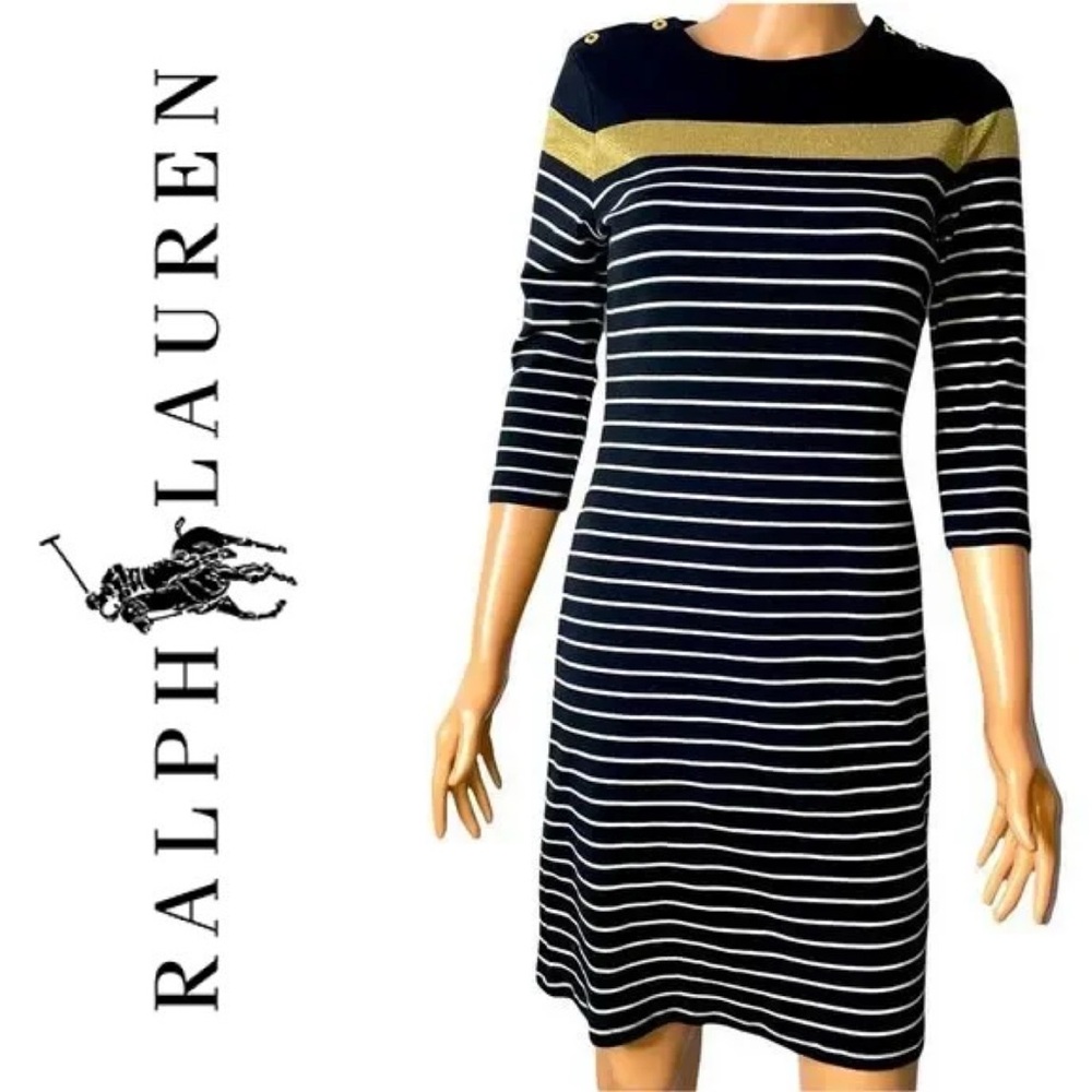 Ralph Lauren Navy & White Striped Midi Dress with Gold Accent
